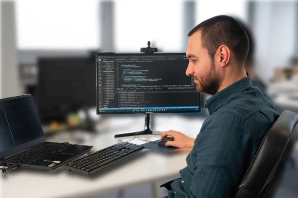 Me coding at work. Myself at my desk writing code